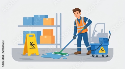 A worker is mopping a water spill in a warehouse. He is wearing safety gear. A caution sign is placed nearby to warn others.