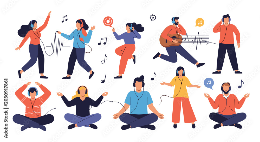 Fototapeta premium Diverse group of people enjoying music in various ways including dancing, playing guitar, and relaxing with headphones in different poses.