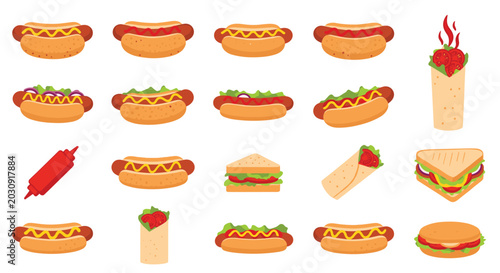 Assorted fast food illustrations including various hot dogs, sandwiches, burgers, and wraps with different toppings and condiments.