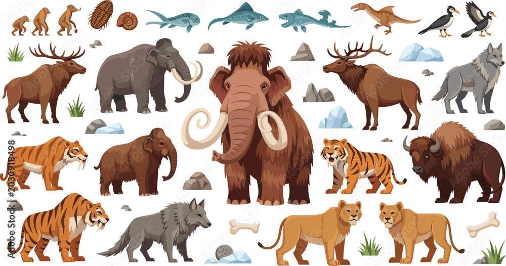 Fototapeta premium Prehistoric Extinct Animals Collection Vector Illustration Set With Mammoth Dinosaur Saber Tooth Tiger And Ice Age Wildlife