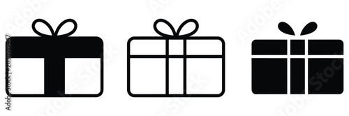 Photography Black gift box icons with ribbons and bows in various styles for presents and pa
