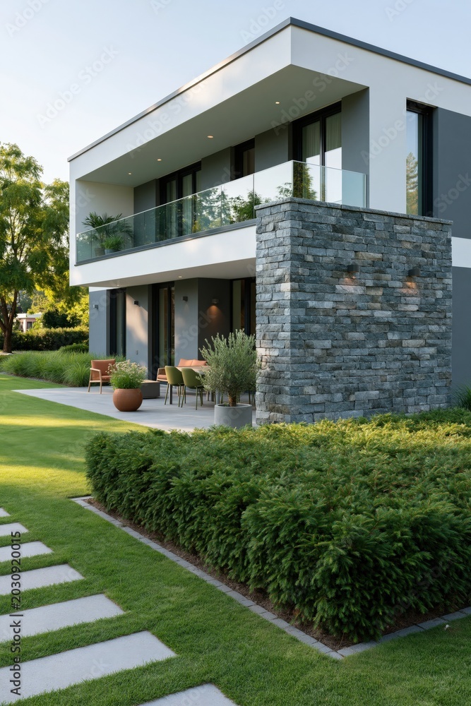 Obraz premium Modern two story house exterior with stone facade and outdoor patio for residential background and architecture design