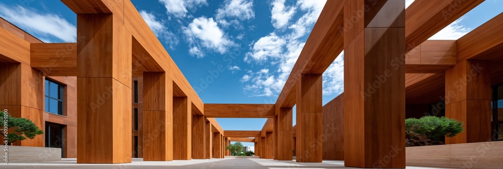 Naklejka premium Contemporary timber colonnade courtyard background with geometric pergola and clear blue sky for modern architectural banner and exterior design