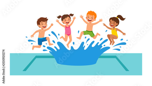 Photos Joyful Splash: Four delighted children in swimwear jump into a swimming pool, sending water splashing high as they embrace the fun and exhilaration of a summer day