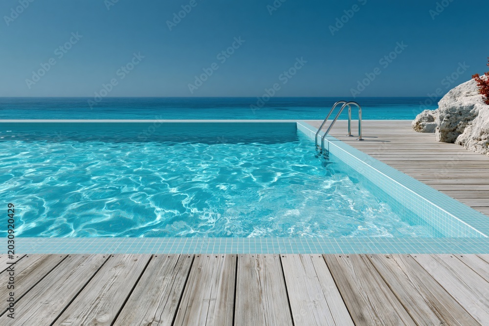 Fototapeta premium Sunlit infinity pool with clear turquoise water and wooden boardwalk facing the ocean for summer banner and background use