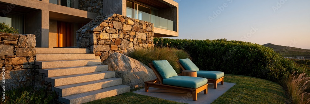Fototapeta premium Modern coastal luxury villa patio with lounge chairs and stone steps for outdoor background and banner design