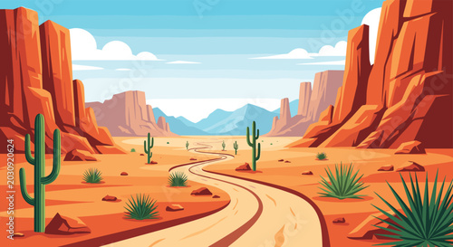 Winding road leading through a vast desert canyon landscape with red rock formations and green saguaro cacti.