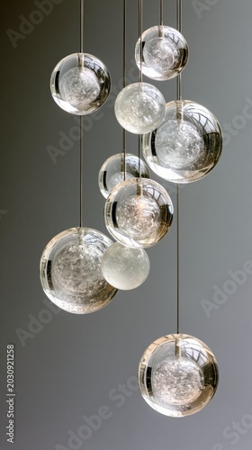 Tall cluster of clear glass spheres and slightly hazy gel beads, varying in size, arranged vertically with variations in depth
