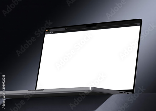 Realistic laptop mockup with blank white browser screen in dark studio. Website design, app interface, UI presentation, digital product showcase, online business, technology market portfolio display
