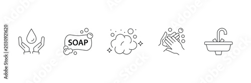 Hygiene and handwashing line icons vector set with soap foam drop and sink illustration.