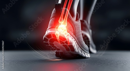 Athlete gait and lower leg joint stress. Sports science and orthopedic podiatry. Close up of sports shoe with glowing ankle joint and bones