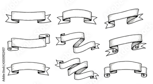 Nine vintage hand drawn ribbon banners and scrolls in various elegant shapes for text labels, invitations, or decorative graphic design use.