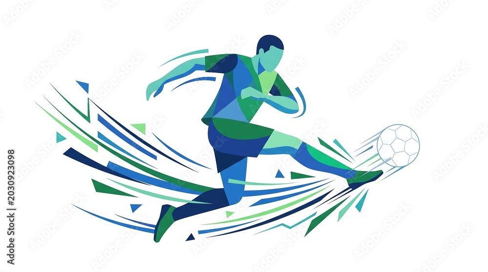 Fototapeta premium Dynamic vector art of soccer player in action with shattering glass effect motion lines for sports tournament branding.
