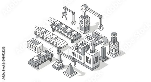Isometric industrial automation line art illustration with robotic arms, conveyor belts, and smart factory machinery for modern manufacturing processes.