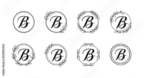 Elegant set of black and white letter b monogram logos enclosed in various decorative floral wreaths and circular frames.
