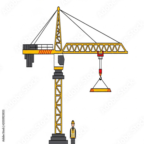 Foto Construction Crane Lifting Heavy Load with Worker Below.