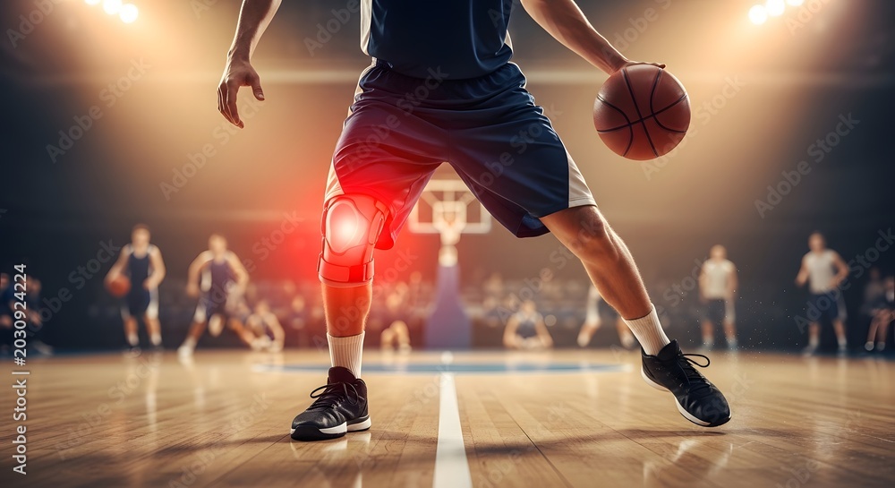 Fototapeta premium Knee injury and ligament tear during basketball. Sports trauma and athletic performance. Basketball player on court with red light effect on injured knee joint