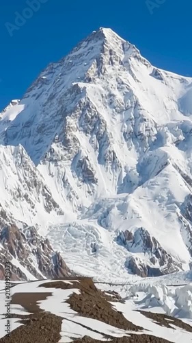 K2 mountain peak, second highest mountain in the world, K2 trek, Pakistan, Asia. Time lapse in vertical video.