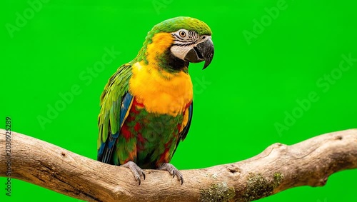 Colorful Macaw Parrot on Branch with Green Screen.