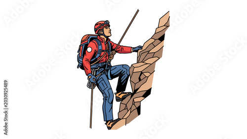 Photos Mountain Climber Ascending: A determined mountain climber, equipped with a backpack and helmet, scales a rocky peak, reaching for the next handhold with focus and grit
