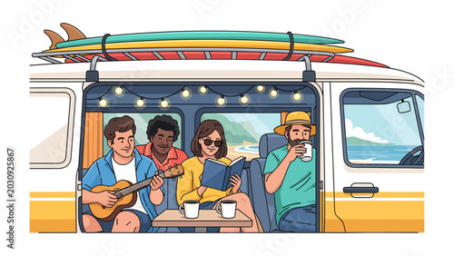 Tableau sur toile Road Trip Bliss: Four friends enjoy a leisurely vacation trip in a camper van by the sea, with surfboards on the roof, radiating warmth and friendship