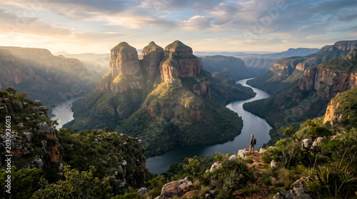 Blyde River Canyon landscape with Three Rondavels at sunrise