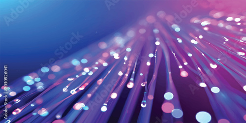 Abstract digital technology backdrop featuring glowing pink and blue fiber optic cables bursting with light spots like stars in a network data communication space illustration