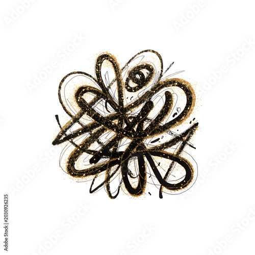 Black and white hand-drawn floral doodle with swirls and abstract petals in line art style