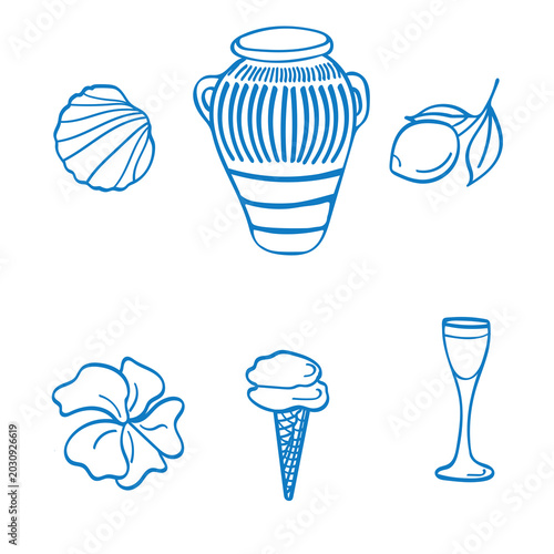 png Blue summer doodle pattern in Amalfi style. Ice cream, vase, seashell, lemon, hibiscus flower and glass.