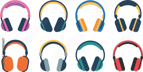 Colorful wireless headphones vector set, modern gaming and music headsets collection on white background