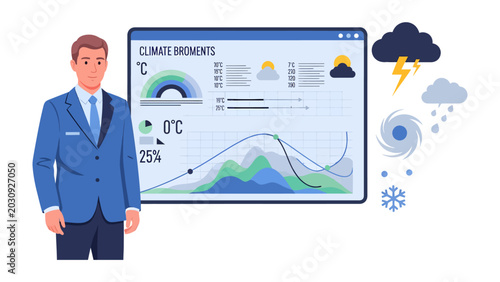 Weather Forecast Presentation: A confident meteorologist stands beside a digital display showing climate data and weather icons, ready to present the forecast.