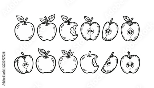Set of apple fruits whole bitten and sliced hand drawn doodle collection cartoon line art illustration isolated.