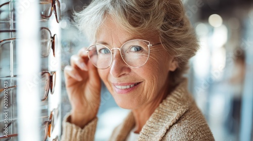 Medicare advantage. A senior woman smiling while trying on stylish eyeglasses at a modern eye clinic.