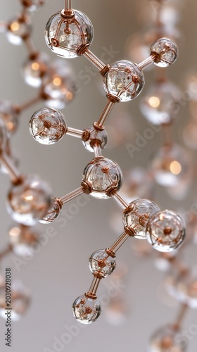 Tall composition of a central molecular structure made of interconnected clear spheres and detailed copper-toned rods, with varying depth