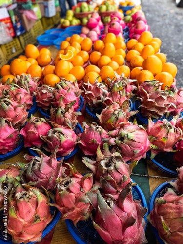 Dragon fruits with other tropical fruits at the market in Malaysia