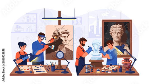 Bild auf Leinwand Art Studio Scene: Artist meticulously craft sculptures and paintings in a well-lit studio, surrounded by classical busts and artistic tools, showcasing the dedication to fine art creation