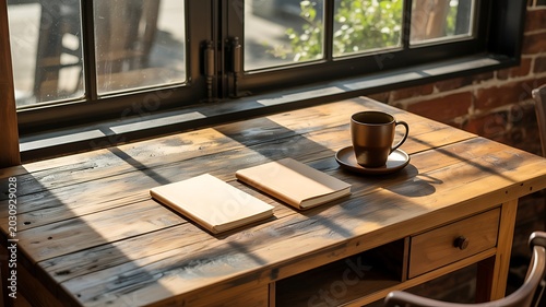 Rustic wooden desk with a cup of coffee and notebooks by a sunny window
