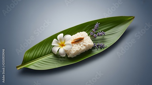 Serene arrangement of soap, flower, and herbs on a large green leaf for spa and wellness