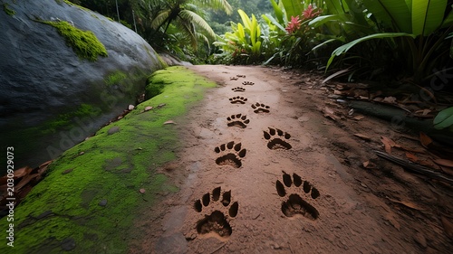 Serene dirt path in a lush forest with animal footprints leading through green foliage and mossy rocks.