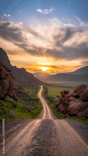 Serene dirt road winding through a rocky landscape at sunset with a cloudy sky