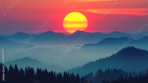 Serene mountain landscape at sunset with a vibrant orange sky and silhouetted trees in the foreground.