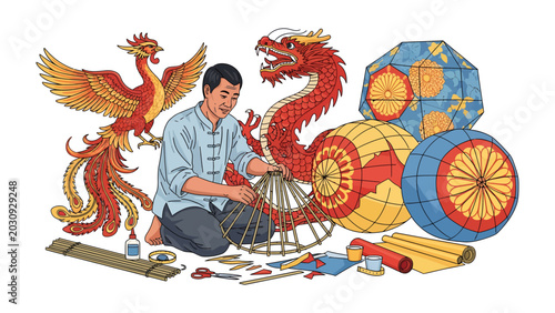Canvas Print Crafting Tradition: An artisan meticulously builds a vibrant dragon lantern, surrounded by his colorful creations and tools, embodying the spirit of cultural artistry and heritage
