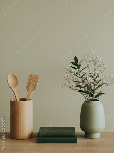 Serene still life arrangement with wooden utensils, books, and a vase of white flowers on a table