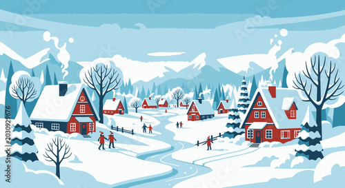 Winter landscape illustration with snow covered houses and mountains in the background