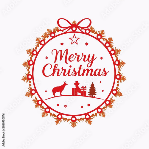 Merry Christmas wreath with red ribbon, reindeer, and snowflakes holiday greeting card design