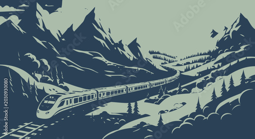 Billede på lærred High speed train travels through mountainous landscape with dramatic sky