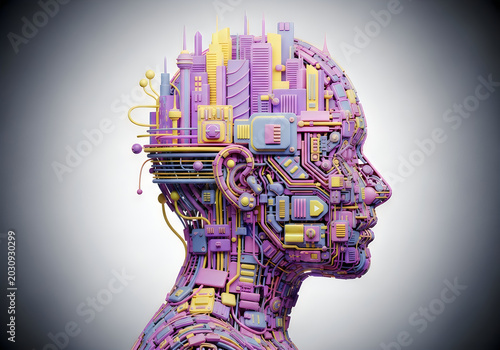 Cyborg head with cityscape inside