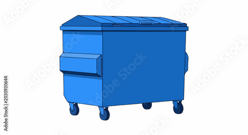 A blue, wheeled dumpster with a hinged lid and side handles