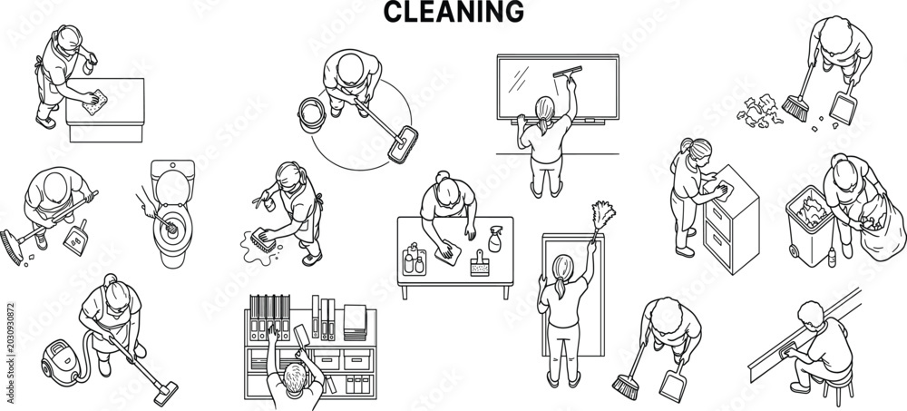 Obraz premium People are cleaning and organizing various objects in a large room with technology.
