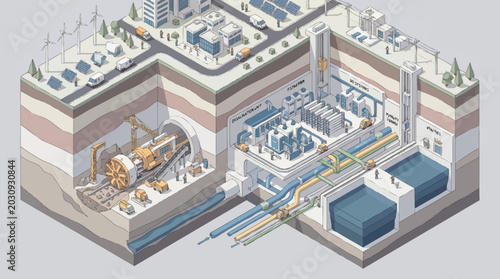Fotografija Cross section of underground tunnel boring machine construction and infrastructure